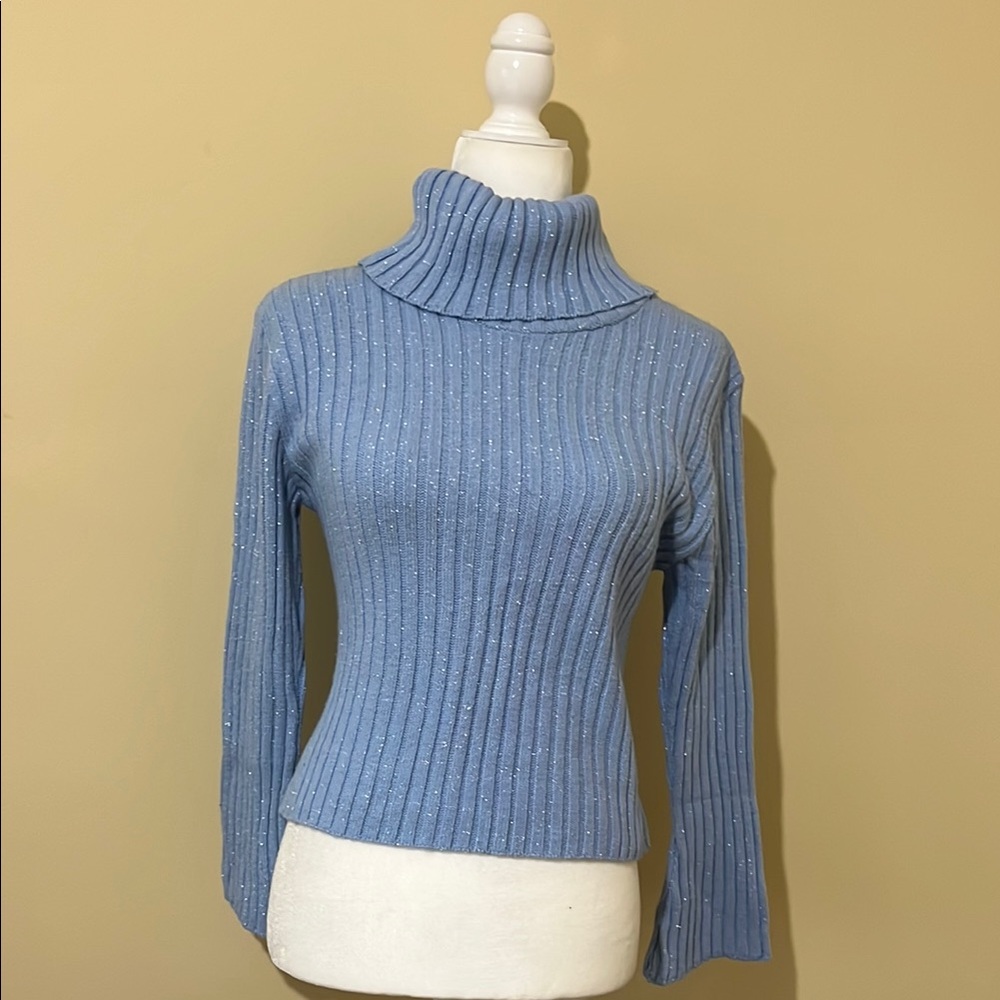Blue turtleneck knitted with silver sparkle thread